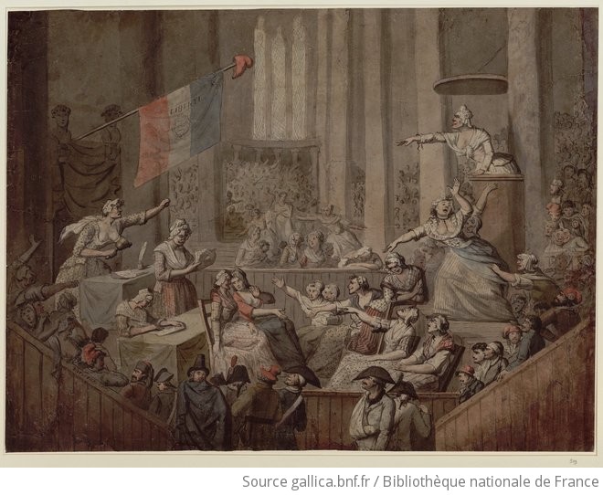 Sur cette peinture, on voit un club de femmes discuter dans une église avec des citoyennes républicaines révolutionnaires. Ces clubs étaient composés de militantes populaires, de marchandes, de couturières et d&rsquo;ouvrières. Comme on peut le voir sur l&rsquo;image de l&rsquo;expression, ces femmes ont montré un grand enthousiasme pour la révolution. 